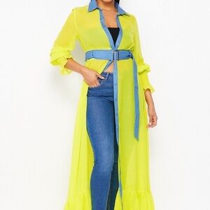 Vibrant Yellow Sheer Long Shirt Dress with Blue Accents